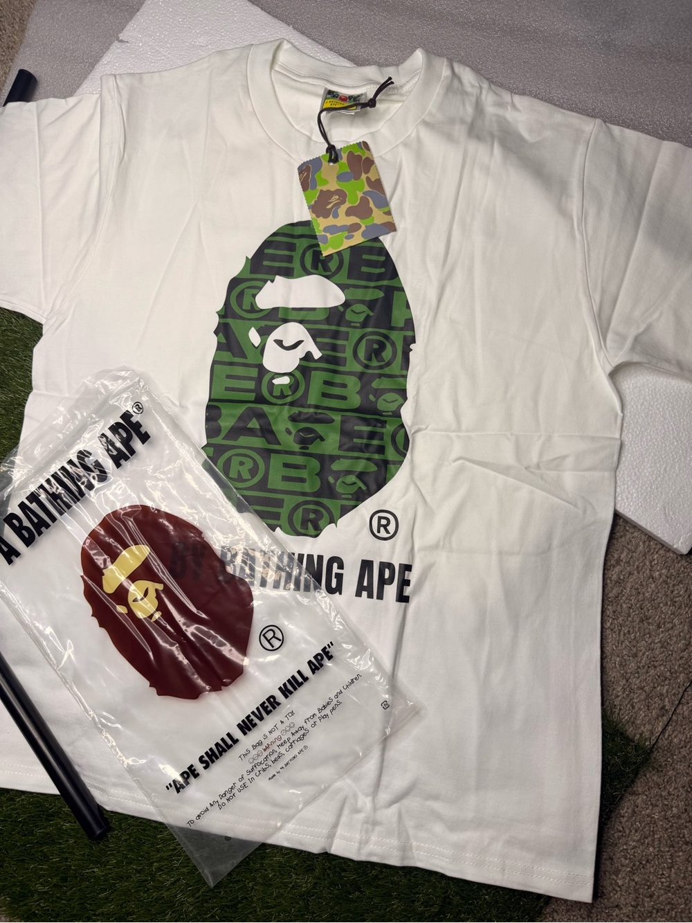 BAPE medium White Graphic Tee with Green Camo Ape Head
